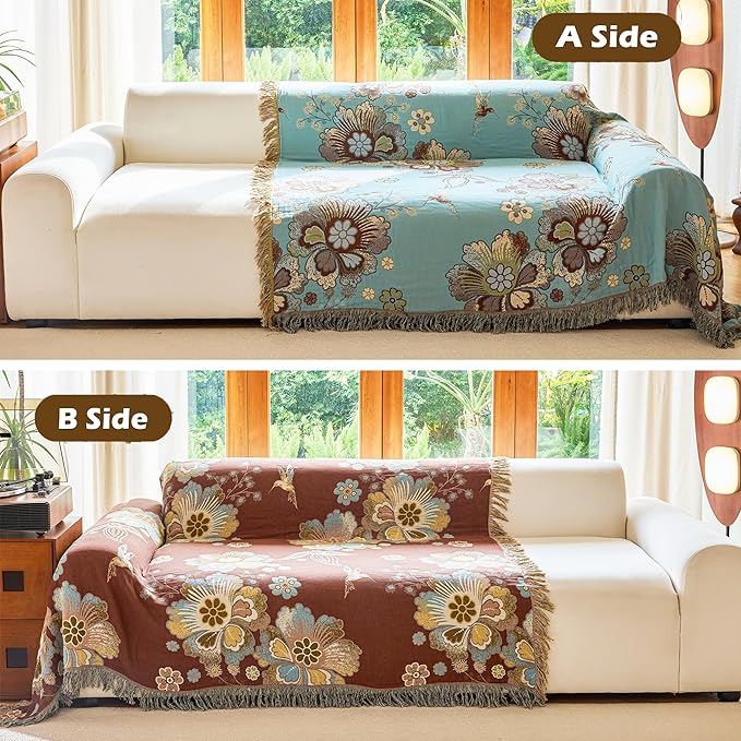 Boho Throw Blanket 60" x 80", 100% Organic Cotton Breathable Skin-Friendly Ultra Soft Bed Quilt Blue Throw - Floral Rustic Decor Luxury Reversible Blanket for Sofa Couch Chair and Gift,