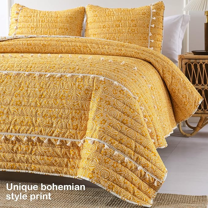 HORIMOTE HOME Boho Style Yellow King Quilt Set with Tassle, Soft and Lightweight Bedspread for All Season, King Size Bed Coverlet with 2 Matching Pillow Shams (3 Pieces)