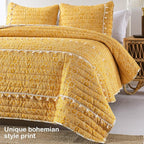 HORIMOTE HOME Boho Style Yellow Queen Quilt Set with Tassle, Soft and Lightweight Bedspread for All Season, Full Size Bed Coverlet with 2 Matching Pillow Shams (3 Pieces)