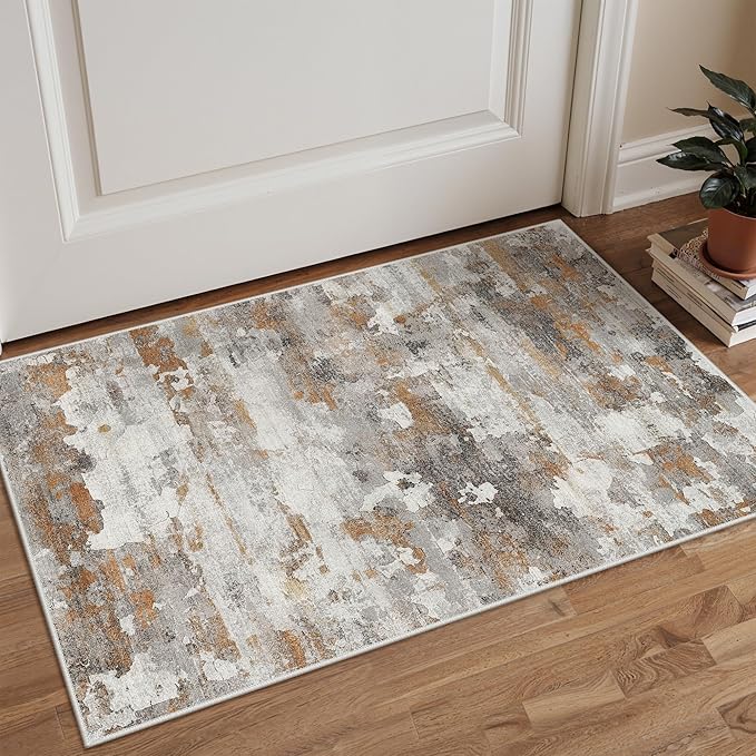 GENIMO 2x3 Rugs for Entryway Entrance, Modern Machine Washable Rug Ultra Soft Indoor Area Rugs 2x3 for Bedroom Kitchen Bathroom, Lightweight Low Pile Carpet with Non Slip Backing, Grey Brown Beige