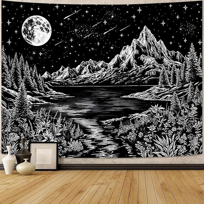 Zussun Black and White Mountain Forest Tapestry for Bedroom Aesthetic Dark Nature Lake Landscape Tapestries Wall Hanging Moon and Stars Wall Tapestry for Living Room Dorm 80 × 60 Inch
