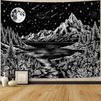 Zussun Black and White Mountain Forest Tapestry for Bedroom Aesthetic Dark Nature Lake Landscape Tapestries Wall Hanging Moon and Stars Wall Tapestry for Living Room Dorm 48 × 36 Inch