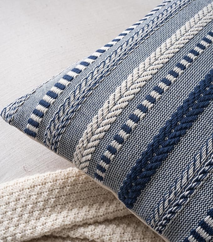 Boho Lumbar Pillow Covers 14x36 Long, Farmhouse Decorative Couch Pillow Cases, Navy Blue Accent Pillows of Bed, Sofa Bedroom Living Room Home Decor Cushion Cover, Pack of 1