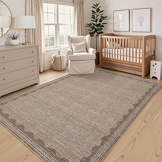 GarveeHome 4x6 Rug Non-Slip Washable Low-Pile Carpet - Scalloped Solid Coffee Modern Minimalism Rugs for Bedroom Living Room Nursery Kitchen Entryway Indoor Mat with Rubber Back