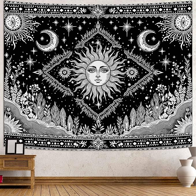Accnicc Black and White Sun and Moon Tapestry Hippie Boho Celestial Wall Tapestry for Bedroom Aesthetic Vintage Plant Spiritual Small Tapestries Wall Hanging for Dorm Living Room Decor 60 x 44 Inch