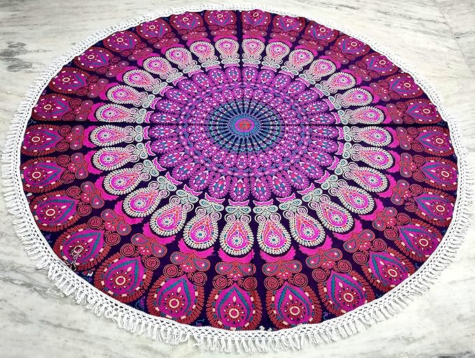 Round Beach Tapestry Turquoise Mandala Throw/Boho Hippie Beach Blanket Roundie/Indian Cotton Bohemian Large Round Table Cloth-Home Decor/Yoga Mat Meditation Picnic Rug (70", White And Pink)