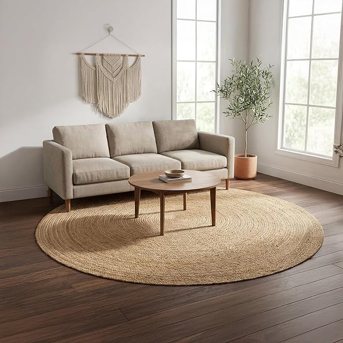 · REDEARTH · Round Area Rug - Hand Woven Braided 100% Natural Jute - Artisan Made Reversible Boho Jute Rugs for Bedroom - Kitchen - Living Room - Farmhouse - Aesthetic Home Decor (8' Feet - Natural)