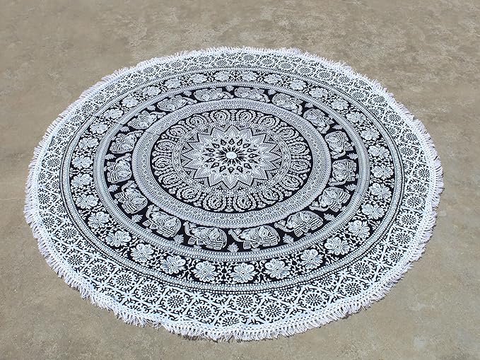 Round Beach Tapestry Turquoise Mandala Throw/Boho Hippie Beach Blanket Roundie/Indian Cotton Bohemian Large Round Table Cloth-Home Decor/Yoga Mat Meditation Picnic Rug (42", Black And WHite)