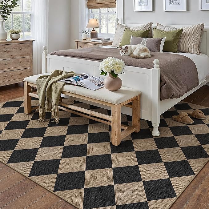 6x9 Checkered Easy Jute Area Rug for Living Room Large Checkerboard Washable Indoor Outdoor Carpet Farmhouse Patio Office Mat Textured Diamond Non Slip Black Carpet for Backyard Dining Room