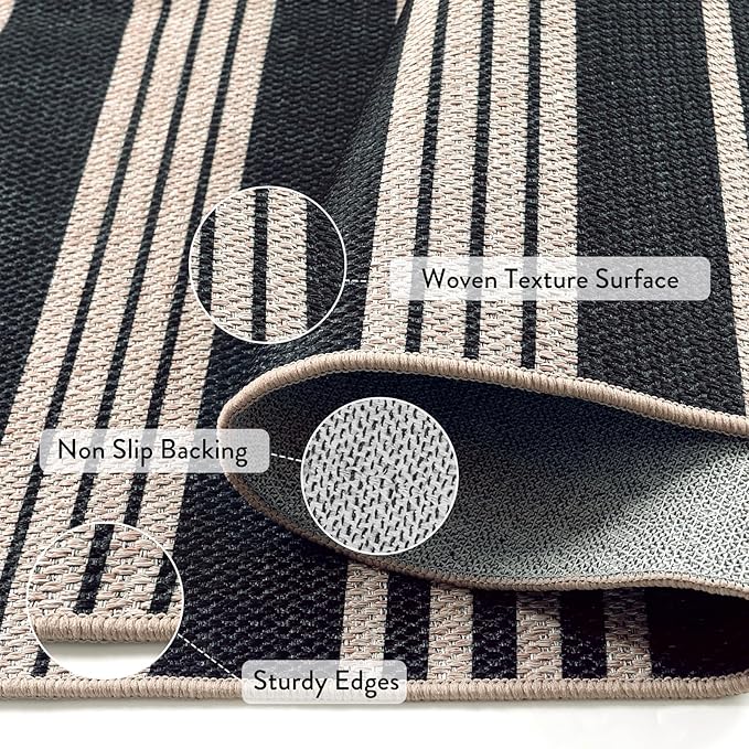 Lahome Elance Striped Easy Jute Runner, 2x6 Kitchen Runner Rug Non Slip Washable Outdoor Rug for Entryway Indoor, Farmhouse Indoor Outdoor Black Carpet for Hallway 6ft Entry Front Door