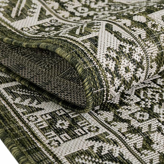 Rugs.com Outdoor Aztec Collection Rug – 13 Ft Square Green Flatweave-Pile Rug Perfect for Living Rooms, Kitchens, Entryways