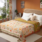 Boho Throw Blanket Queen Size, Oversized Soft Cozy Cotton Muslin Quilt Blanket for Bed Decor, Floral Patterned Couch Sofa Chair Cover, Vintage Farmhouse Cottage Woven Blanket, Coral&Green