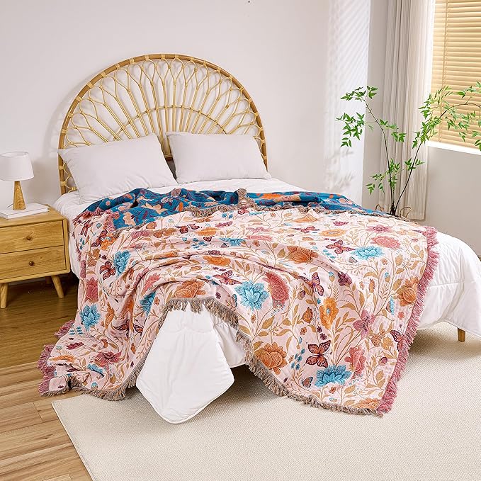 Boho Throw Blanket, 100% Organic Cotton Breathable Ultra Soft 80" x 90" Bed Quilt Throw - All Season Floral Rustic Farmhouse Decor Luxury Reversible Blanket for Sofa Couch Chair and Gift