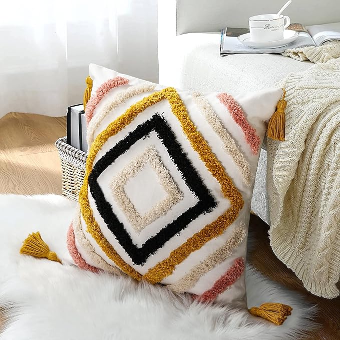 JASEN Boho Throw Pillow Covers, Woven Tufted Decorative Pillow Covers with Tassel Diamond Pattern Pillow Covers for Couch Sofa Bedroom Living Room No Pillow Insert, (Yellow, 18 x 18-Inch)