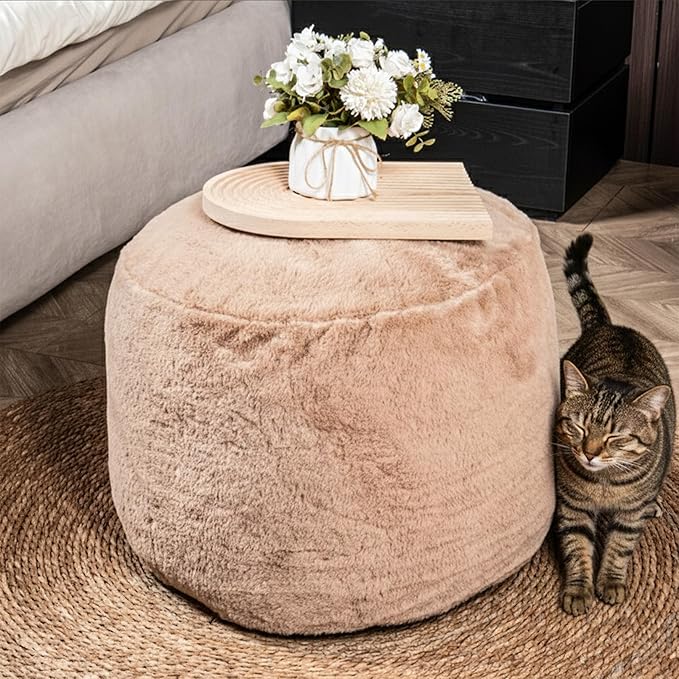 Cozy Plush Brown Pouf | Living Room Ottoman Footrest at 20 x 15 Inches | Soft, Non-Shedding Round Stool Sofa Ottoman with Supportive Foam Filling | Foot Rest for Couch