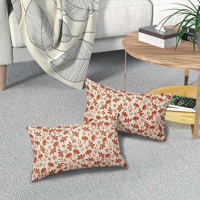 Burnt Orange Floral Pillow Covers 12x20 Set of 2 Vintage Rustic Old Style Cute Flower Cream Print Rectangle Decorative Outdoor Pillowcases Fall Farmhouse Throw Cushion Case Couch Sofa Bed Decor