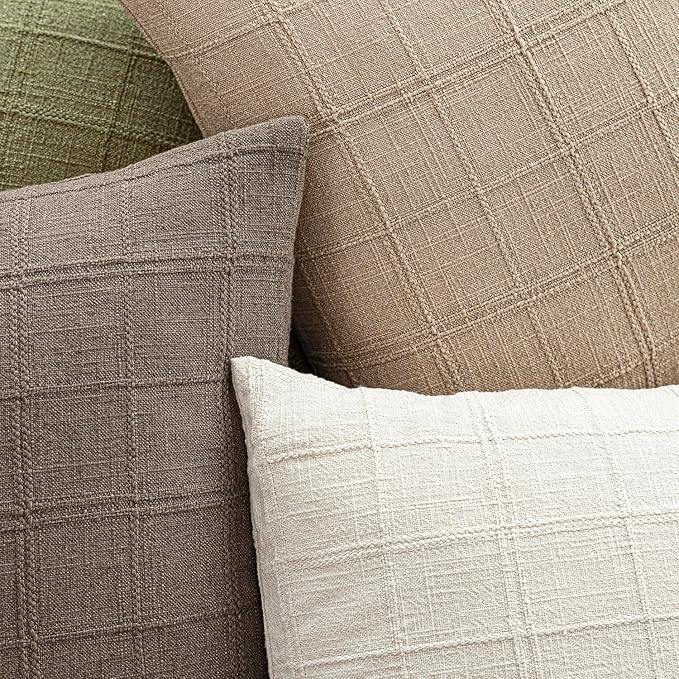 Foindtower Set of 2 Decorative Linen Check Throw Pillow Covers Neutral Farmhouse Vintage Cushion Covers Modern Coastal Boho Home Decor for Sofa Chair Couch Bedroom Living Room,24×24 Inch,Camel