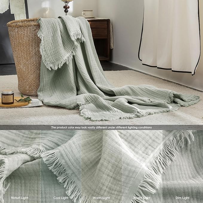 FOSSA Muslin Blanket with Fringe - 4-Layer 100% Cotton Gauze Super Soft & Breathable Throw -Lightweight Decorative Cooling Blanket for Bed, Sofa, Office (Sage Green, King (104" × 90"))