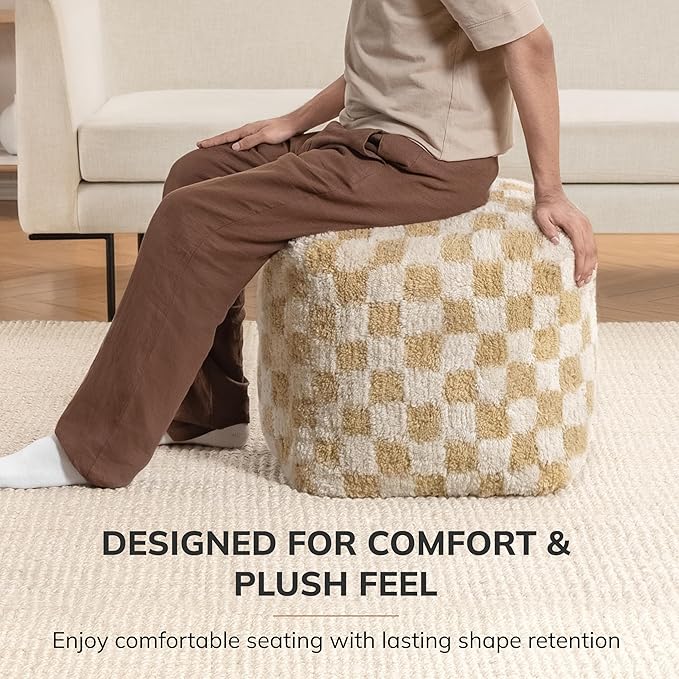 Anji Mountain Pouf Ottoman Foot Rest, Handmade Ottoman Pouf, Comfortable Foot Stool, Decorative Floor Seating for Living Room Decor, Bedroom & Home Décor Accent - Beige