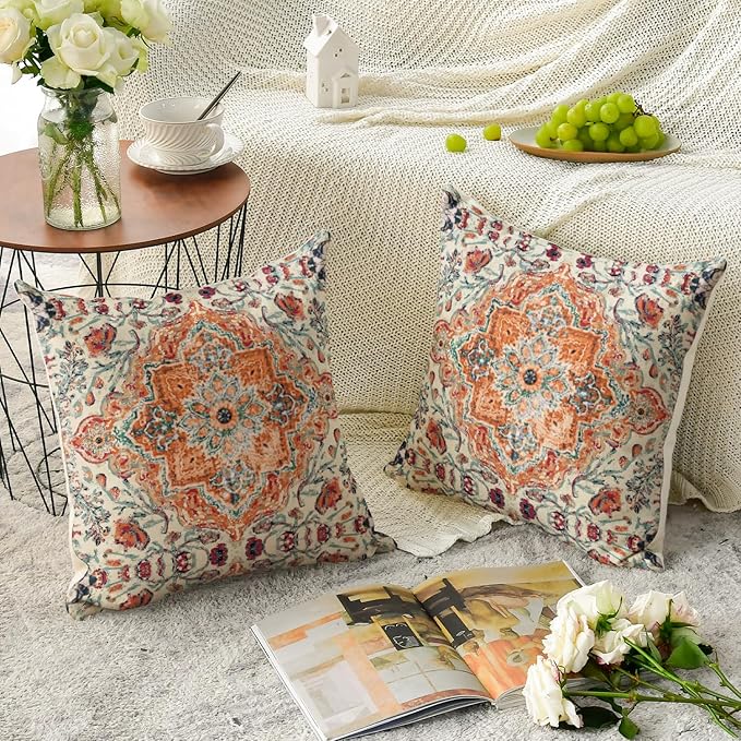 AVOIN colorlife Boho Throw Pillow Covers, 18 x 18 Inch Bohemia Ethnic Style Carpet Pattern Cushion Case for Sofa Couch Set of 2