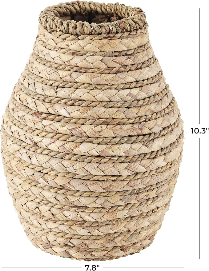 Deco 79 Seagrass Handmade Decorative Vase Braided Centerpiece Vase, Vase for Home Decoration 8" x 8" x 10", Light Brown