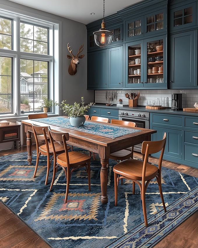 Area Rug 6x9 Rug Machine Washable Non-Slip Low Pile Print Pattern Western Rug for Living Room Bedroom Entryway Tribal Series -Darkblue