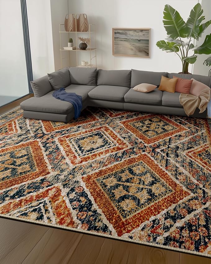 Area Rug 9x12 Rug Machine Washable Non-Slip Low Pile Print Pattern Fall Western Rug for Living Room Bedroom Entryway Tribal Series -Orange/Brown