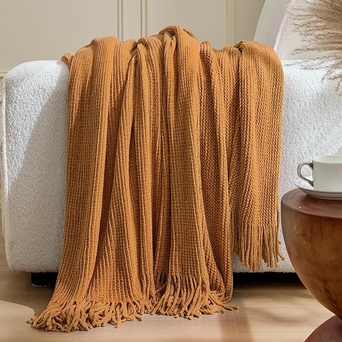 inhand Brown Throw Blanket for Couch Bed,Fall Home Decorative Soft Chunky Chenille Woven Blankets with Tassels,Lightweight Cozy Boho Farmhouse Warm Winter Gifts for Women,50"x60",Medium Thick