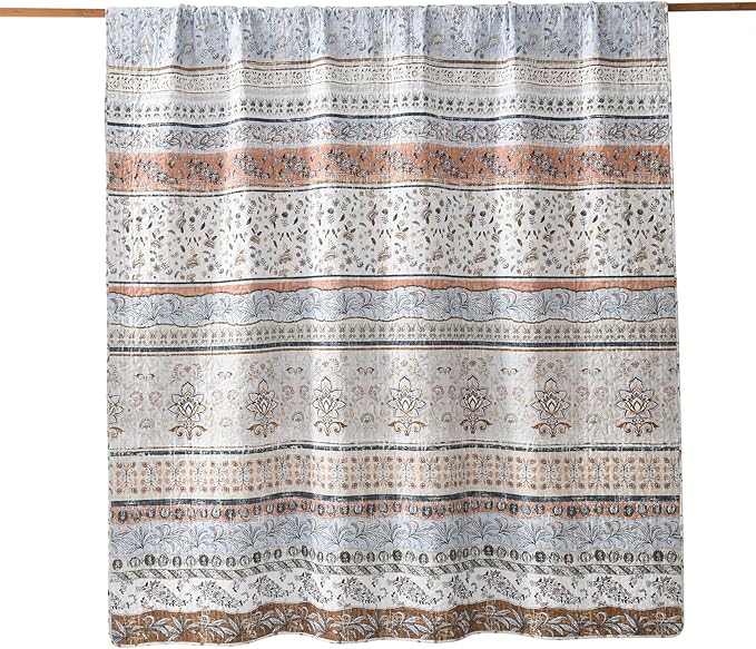 Boho Style Twin Size Quilt Set Mocha Brown Bohemian Floral Strip Quilt Beddding Set, Soft and Lightweight Bedspread for All Season,XL Twin Bed Coverlet with 1 Matching Pillow Sham (2 Pieces)