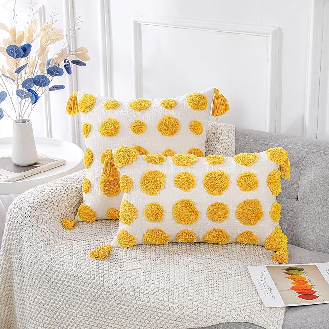 PANOD Super Soft Farmhouse Decorative Plush Throw Pillow Covers 18 x 18 Yellow,Solid Pom pom Tufted with Tassels Modern Accent Boho Square Cushion Cover Pillow Case for Couch Sofa