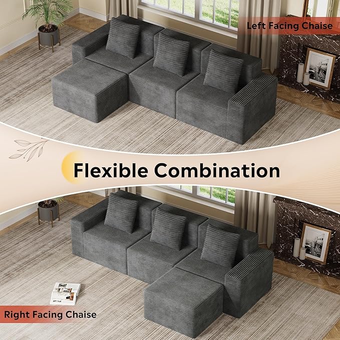 WLIVE 110'' Cloud Sectional Couches for Living Room, Modular Boneless Couch with Right Facing Chaise, L Shape Memory Foam Corduroy, with Ottoman, Grey