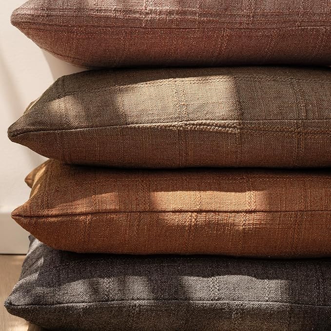 Foindtower Set of 2 Decorative Linen Check Throw Pillow Covers Neutral Farmhouse Lumbar Cushion Covers Modern Boho Home Decor for Sofa Chair Couch Bedroom Living Room,12×20 Inch,Orange