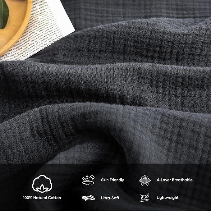 FOSSA Muslin Blanket with Fringe - 4-Layer 100% Cotton Gauze Super Soft & Breathable Throw -Lightweight Decorative Cooling Blanket for Bed, Sofa, Office -Oversize Queen Size 98" × 98" (Dark Gray)