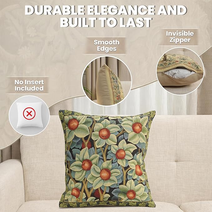 Charlotte Home Furnishings - Throw Pillow Covers Orange Tree Square Vintage Pillows for Couch | Jacquard Woven Cushion Cover 18x18 in | Cotton Pillow Covers for Living Room & Bedroom Décor