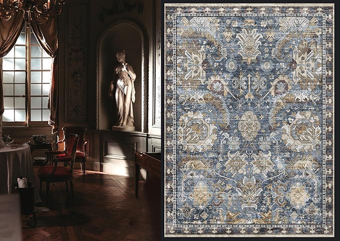 RUGSURE Washable Area Rugs - Perfect for Living Room, Bedroom, Kids Room, Nursery - Stain & Water Resistant Non-Slip, Pet & Child Friendly, Vintage Tribal Area Rugs (Navy, 3' x 5 ')