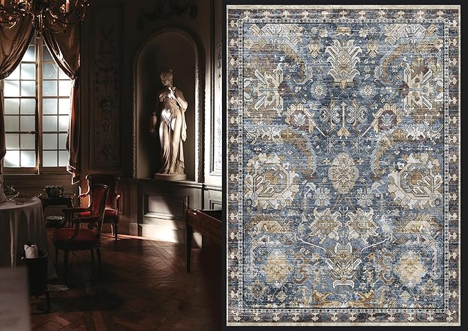 RUGSURE Washable Area Rugs - Perfect for Living Room, Bedroom, Kids Room, Nursery - Stain & Water Resistant Non-Slip, Pet & Child Friendly, Vintage Tribal Area Rugs (Navy, 9' x 12')