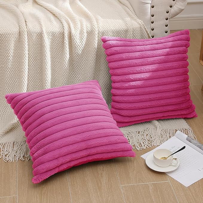 Pallene Faux Fur Plush Throw Pillow Covers 16x16 Set of 2, Luxury Soft Fluffy Striped Decorative Pillow Covers for Sofa, Couch, Living Room, Hot Pink