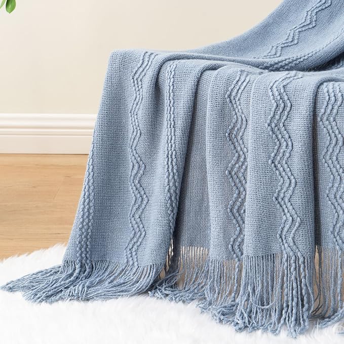 BATTILO HOME Bluish Grey Throw Blanket for Couch, Soft Knit Throws with Tassels for Home Decor, Blue Blankets and Throws for Bed Sofa, 50"x60"