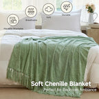 Simple&Opulence Soft Chenille Throw Blanket 50'' x 60'' - Cozy Fluffy Blanket with Fringe Tassel, Farmhouse Boho Blankets for Couch Bed Office Chair Gift Home Decor All Season Use,Sage Green