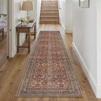 HUGEAR 2x8 Runner Rug Hallway Vintage Brick Red Machine Washable Retro Floral Low Pile Carpet Vacuumable Distressed Long Throw Rug Bedroom Office Bathroom Kitchen Laundry Non Slip Soft Lightweight