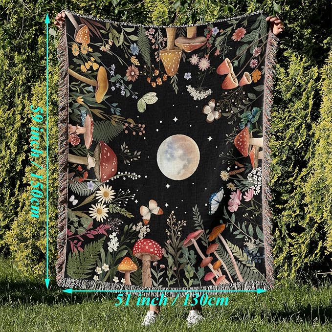 Woven Throw Blanket Moon Plant Boho Chic Decor Reversible Cute Cotton Boho Throw Blanket Witchy Throws Blankets with Tassels Moonlit Garden Blankets Bohemian Room Decor Luxury Christmas Throws 51”x59”