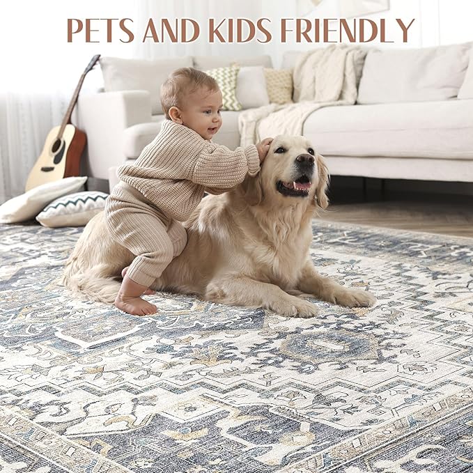 Washable Rug 8x10 Area Rugs: Boho Vintage Distressed Oriental Medallion Neutral Thin Large Rug Carpet for Living Room Bedroom Dining Room Home Office Decor - Light Blue