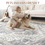 Washable Rug 8x10 Area Rugs: Boho Vintage Distressed Oriental Medallion Neutral Thin Large Rug Carpet for Living Room Bedroom Dining Room Home Office Decor - Light Blue