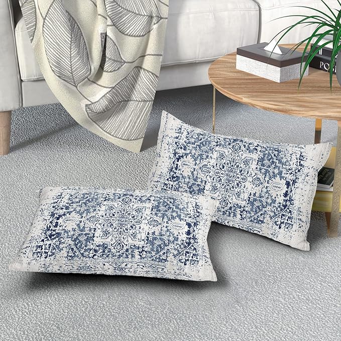 Navy Blue Grey Ethnic Boho Lumbar Pillow Covers 12x20 Inch Bohemian Carpet Pattern Vintage Gray Pillow Cases for Couch Farmhouse Rectangle Rustic Rug Pillow Cases for Bed Patio Outdoor Indoor Set 2