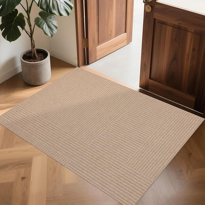 Easy Jute Rug 2x3: Indoor Outdoor Natural Boho Front Door Mat Non Slip - Farmhouse Neutral Contemporary Small Carpet for Entryway Kitchen Bathroom Bedroom Washable