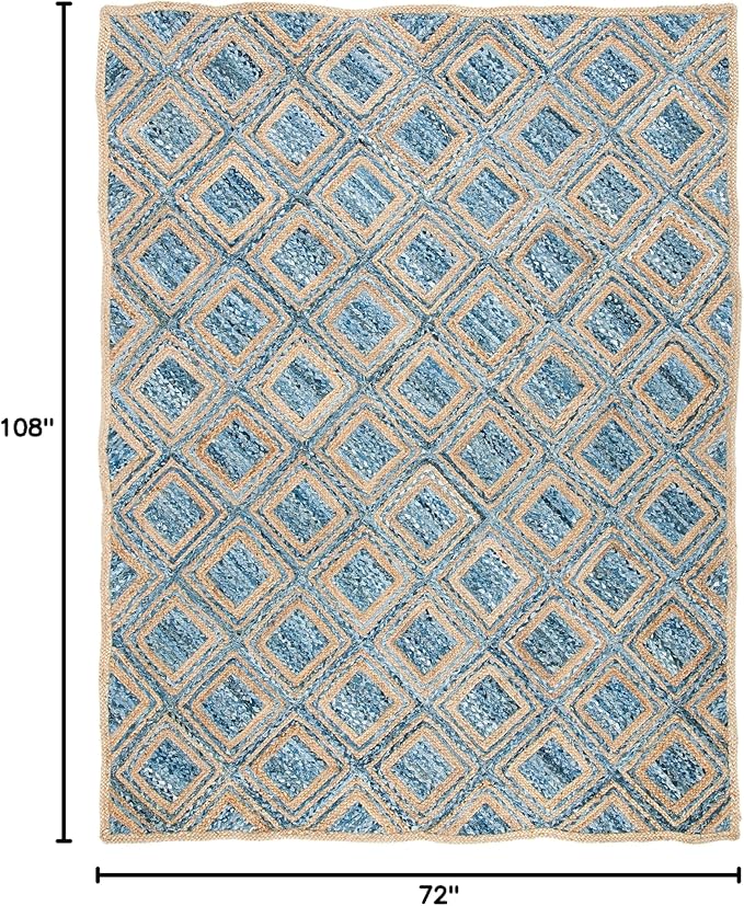 SAFAVIEH Cape Cod Collection Area Rug - 6' x 9', Natural & Blue, Handmade Flat Weave Diamond Braided Jute & Denim, Ideal for High Traffic Areas in Living Room, Bedroom (CAP354A)