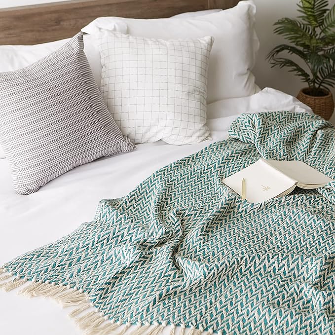 DII Modern Zig Zag Throw Blanket Woven Cotton, Hand-Knotted 2.5" Fringe, 50x60, Teal