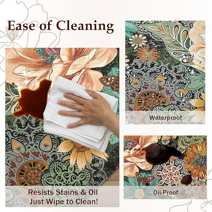 Boho Floral Kitchen Mats for Floor 2PCS Anti Fatigue Mats for Kitchen Floor Cushioned Non Slip Waterproof Memory Foam PVC Kitchen Rugs Set for Sink,Office,Laundry 17.3"x28"+17.3"x47"