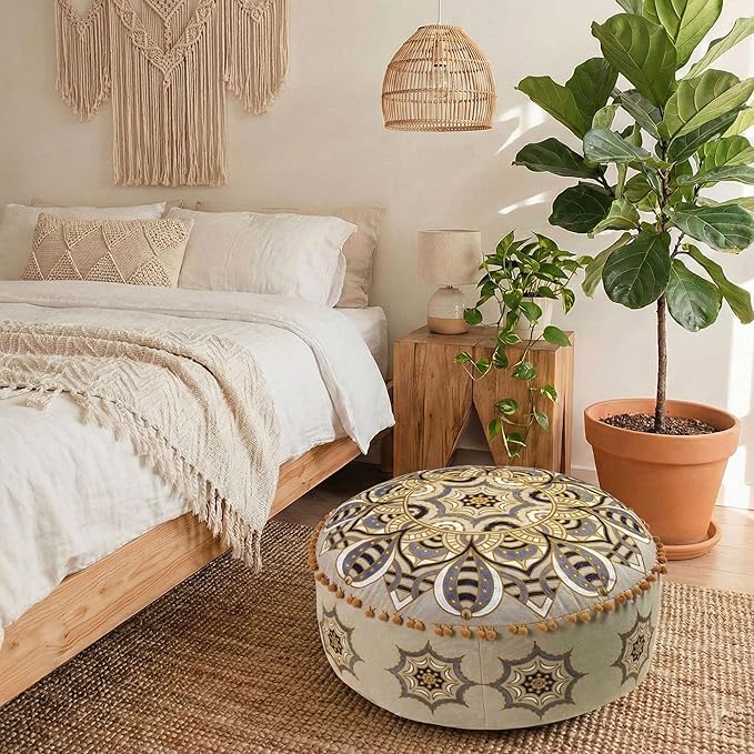 Mandala Life ART Moroccan Floor Pillow Cover Blue Gold Bohemian Décor Pouf Ottoman Latge Round Yoga Floor Cushion Luxury Kids Room Décor Boho Living Room Moroccan Floor Pillow Cotton 24x8 Unstuffed