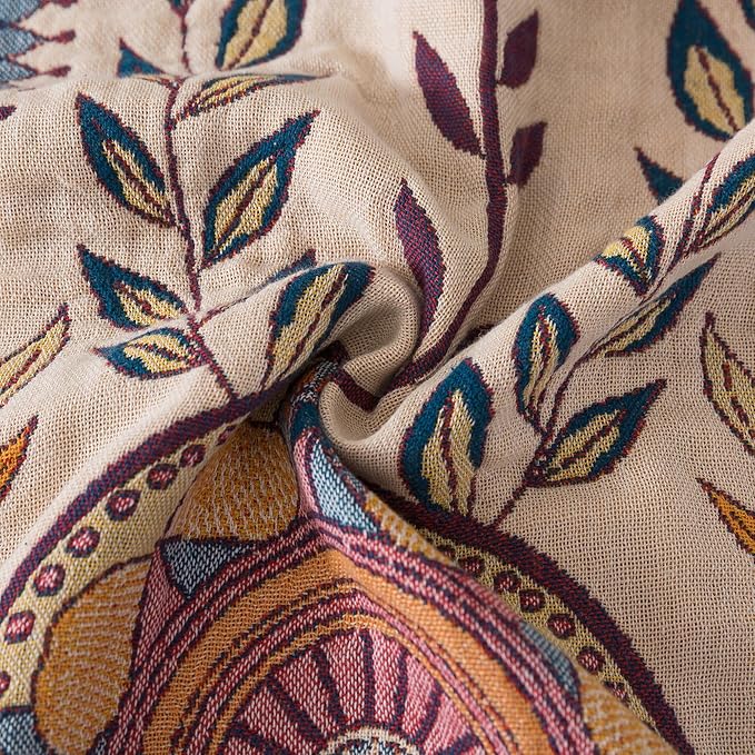 Boho Throw Blanket Queen Size, Soft Cozy Cotton Muslin Quilt Blanket for Bed Decor, Floral Patterned Couch Sofa Chair Cover, Vintage Farmhouse Cottage Tapestry Woven Blanket, Beige&Blue